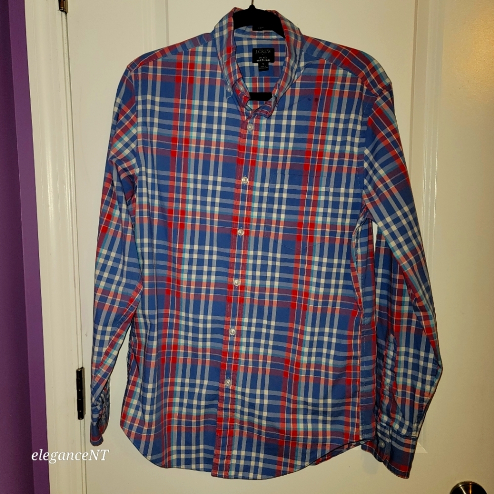 J Crew Men's Pink Blue and White Plaid Classic Flex Washed Shirt Sz: Small - Picture 1 of 9